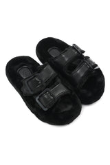 PLUSH BUCKLE SLIDES-BLACK