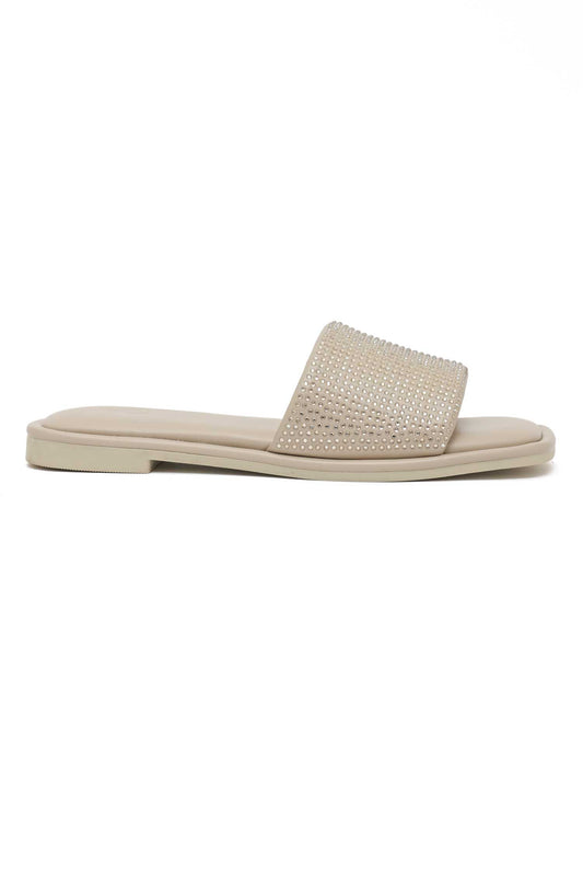 DAZZLE CREST EMBELLISHED SLIDE-BEIGE