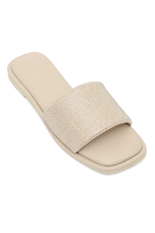 DAZZLE CREST EMBELLISHED SLIDE-BEIGE