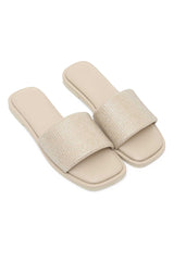 DAZZLE CREST EMBELLISHED SLIDE-BEIGE