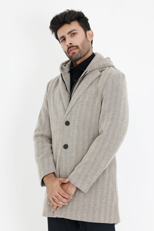 TEXTURED HOODED COAT-COFFEE