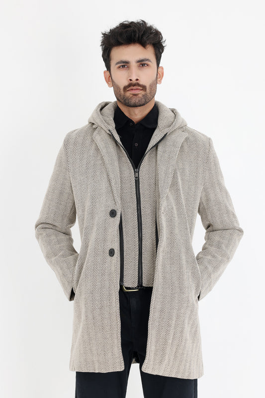 TEXTURED HOODED COAT-COFFEE