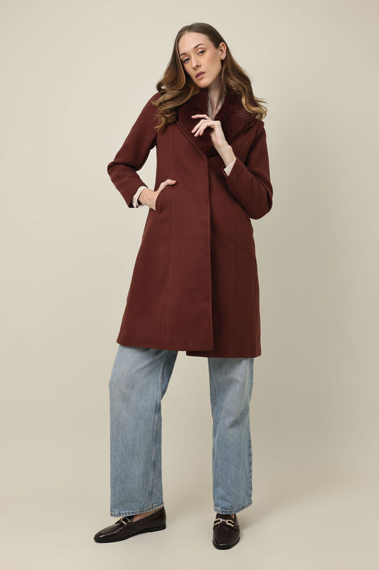 FAUX FUR COLLAR OVERCOAT-RUST