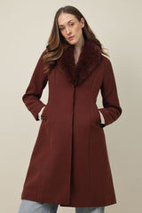 FAUX FUR COLLAR OVERCOAT-RUST