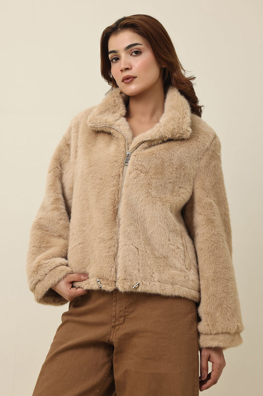 ZIPPER FUR SHORT JACKET-KHAKI