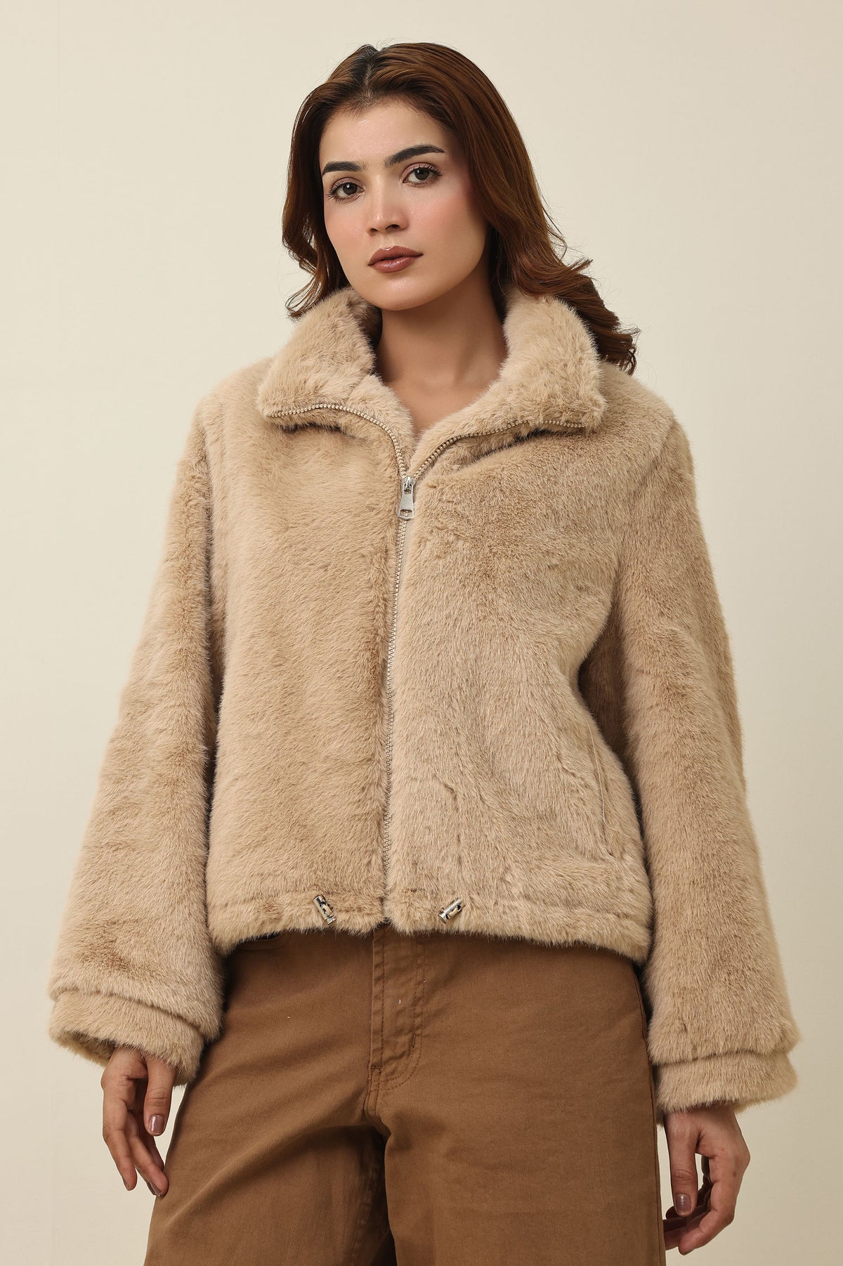 ZIPPER FUR SHORT JACKET-KHAKI