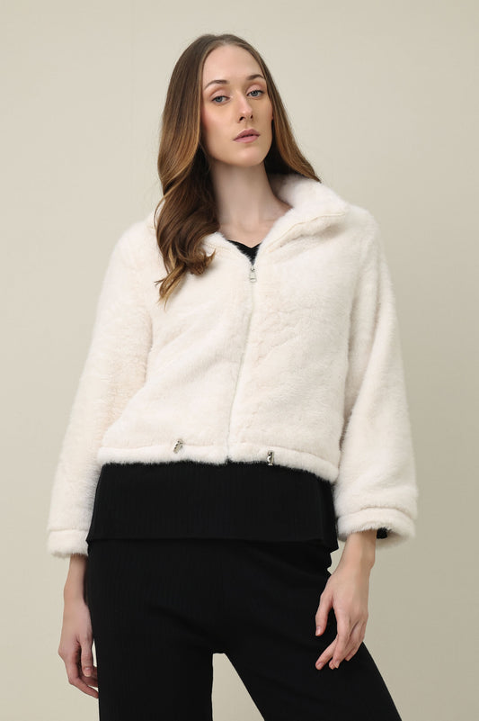 ZIPPER FUR SHORT JACKET-OFFWHITE