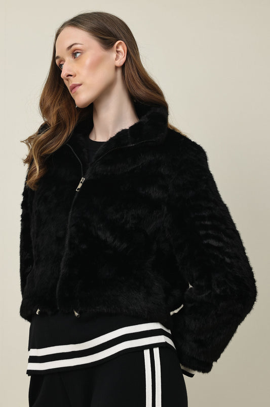 ZIPPER FUR SHORT JACKET-BLACK