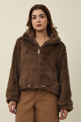 ZIPPER FUR SHORT JACKET-COFFEE