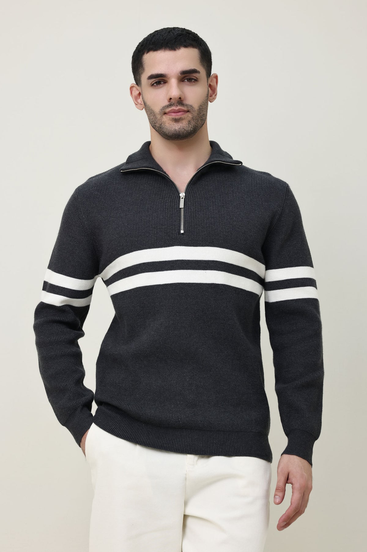 LEGACY RIBBED CREW SWEATER-GREY