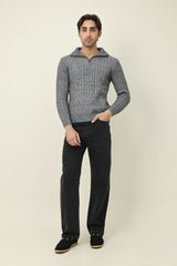ZIP-FLANGE MOCK NECK SWEATER-GREY