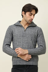 ZIP-FLANGE MOCK NECK SWEATER-GREY