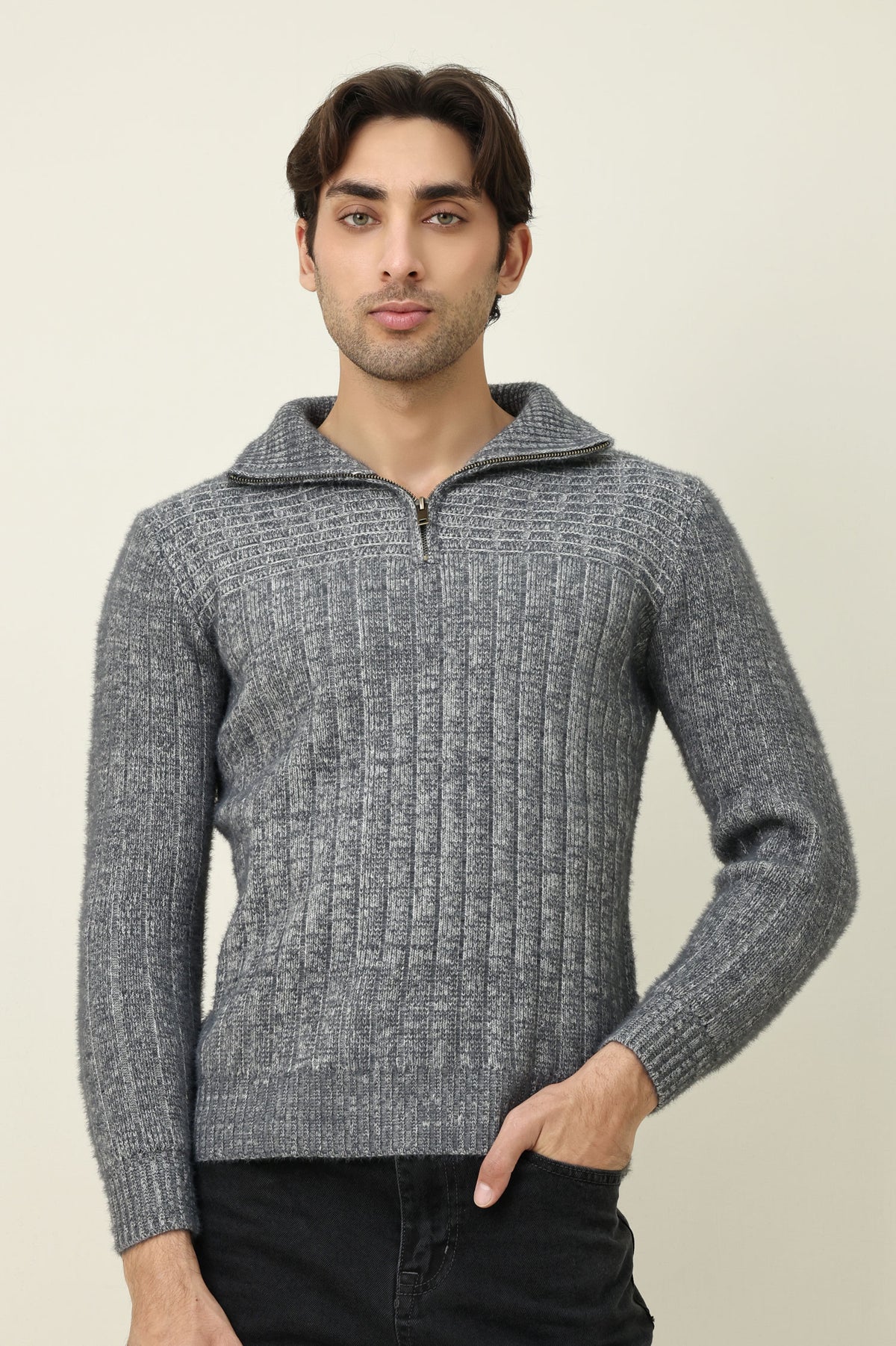 ZIP-FLANGE MOCK NECK SWEATER-GREY