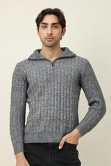 ZIP-FLANGE MOCK NECK SWEATER-GREY
