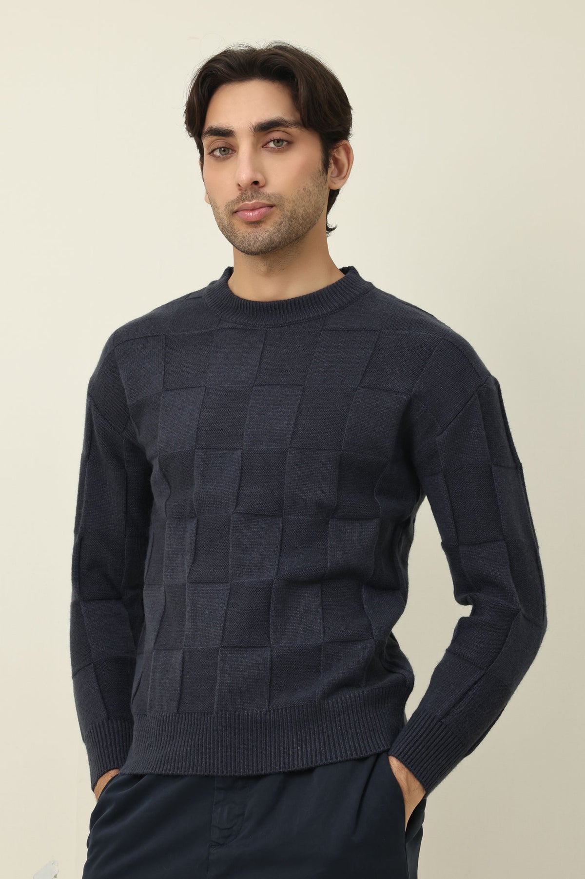CHECKMATE PULLOVER SWEATER-BLUE