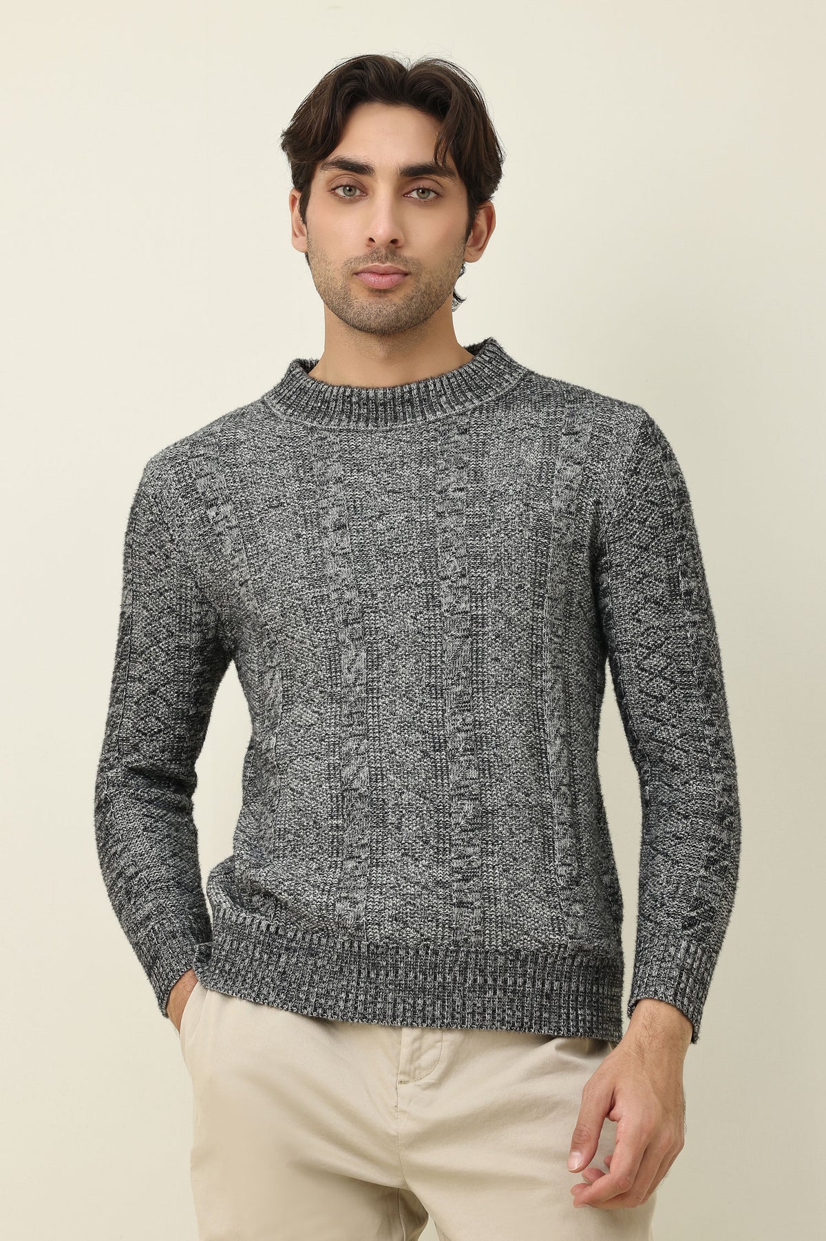 FLEECE-TRIM MOCK COLLAR SWEATER-LT/GREY