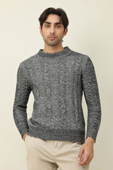 FLEECE-TRIM MOCK COLLAR SWEATER-LT/GREY