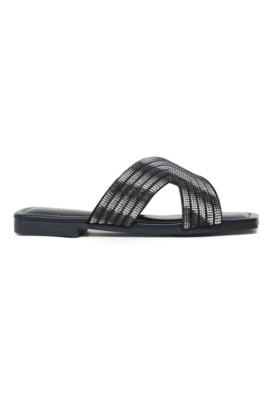 METALIC STRAP FLATS-BLACK