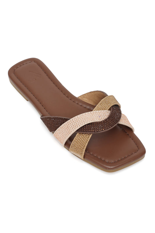 ELEGANCE TWIST EMBELLISHED SLIDE-BROWN