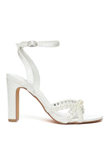 PEARL-EMBELLISHED CROSSOVER STRAPPY HEEL-WHITE