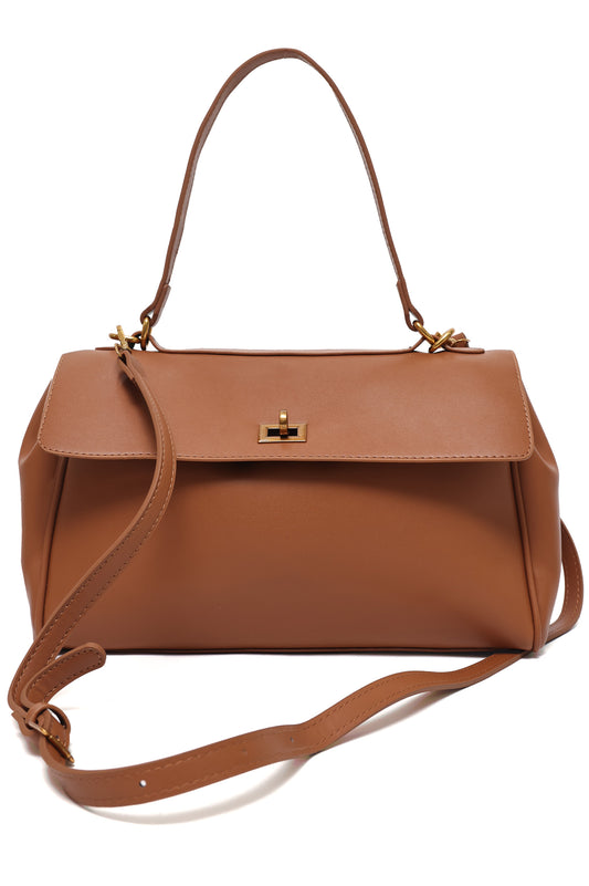 FLAP LOCK HERITAGE SHOULDER HANDBAG-BROWN