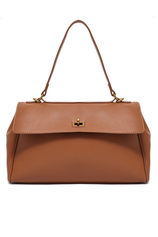 FLAP LOCK HERITAGE SHOULDER HANDBAG-BROWN