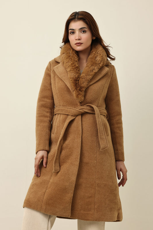ELEGANT PLUSH COLLAR COAT-KHAKI