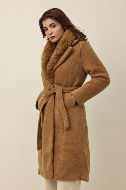 ELEGANT PLUSH COLLAR COAT-KHAKI