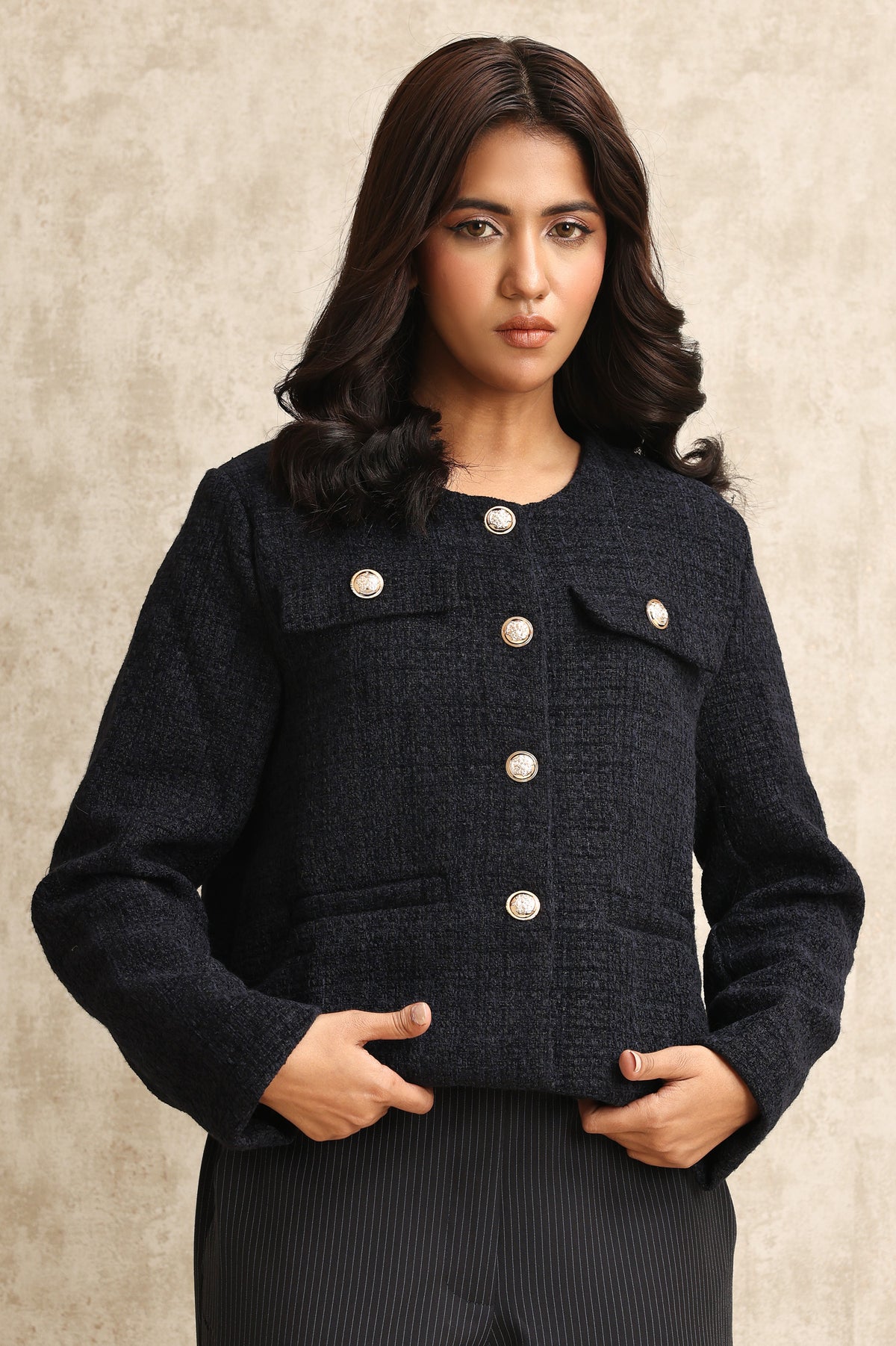 TEXTURED TWEED JACKET-NAVY