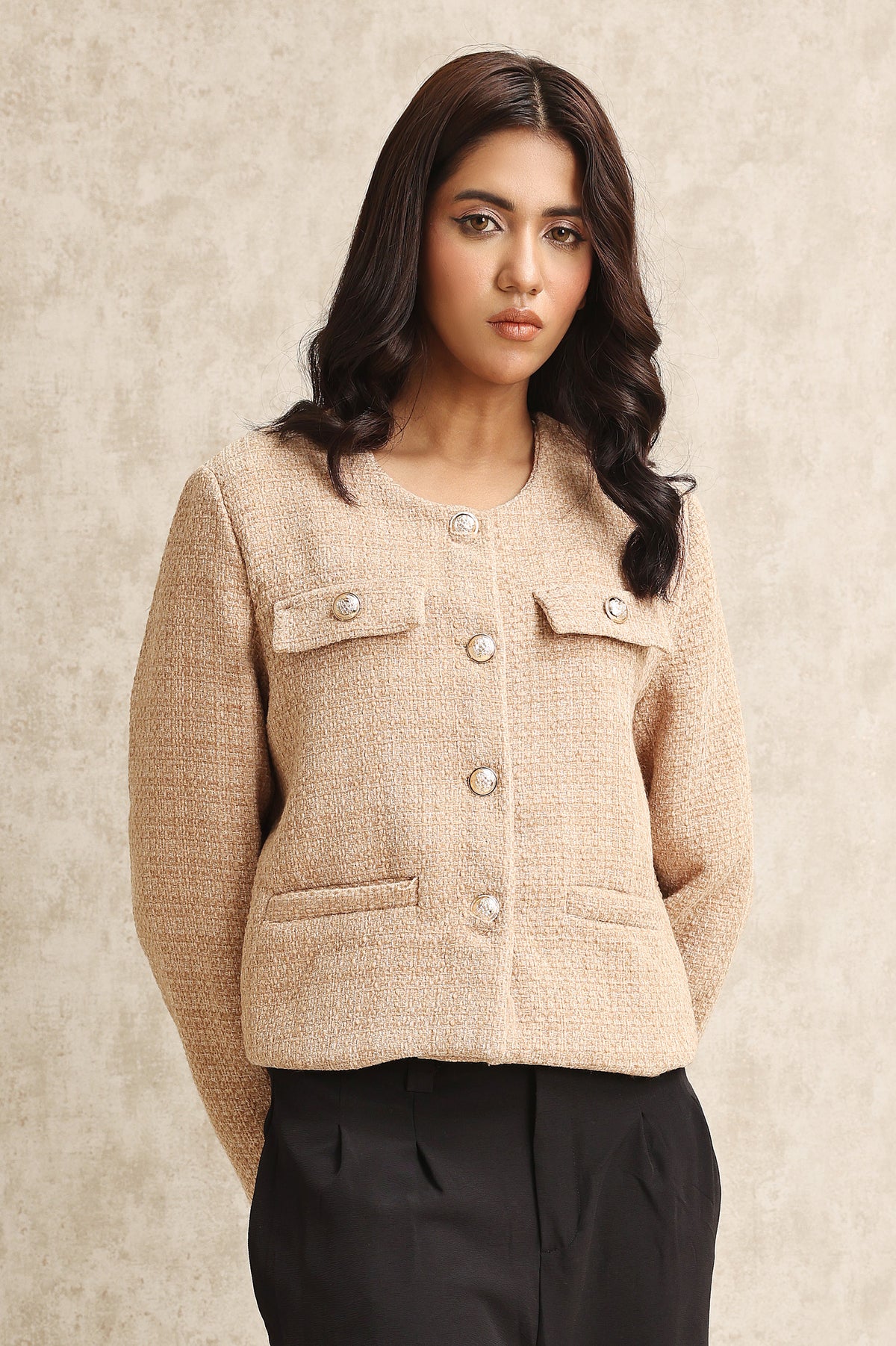 TEXTURED TWEED JACKET-KHAKI