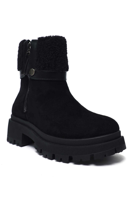 FUR CRUSH ANKLE ZIP BOOT-BLACK