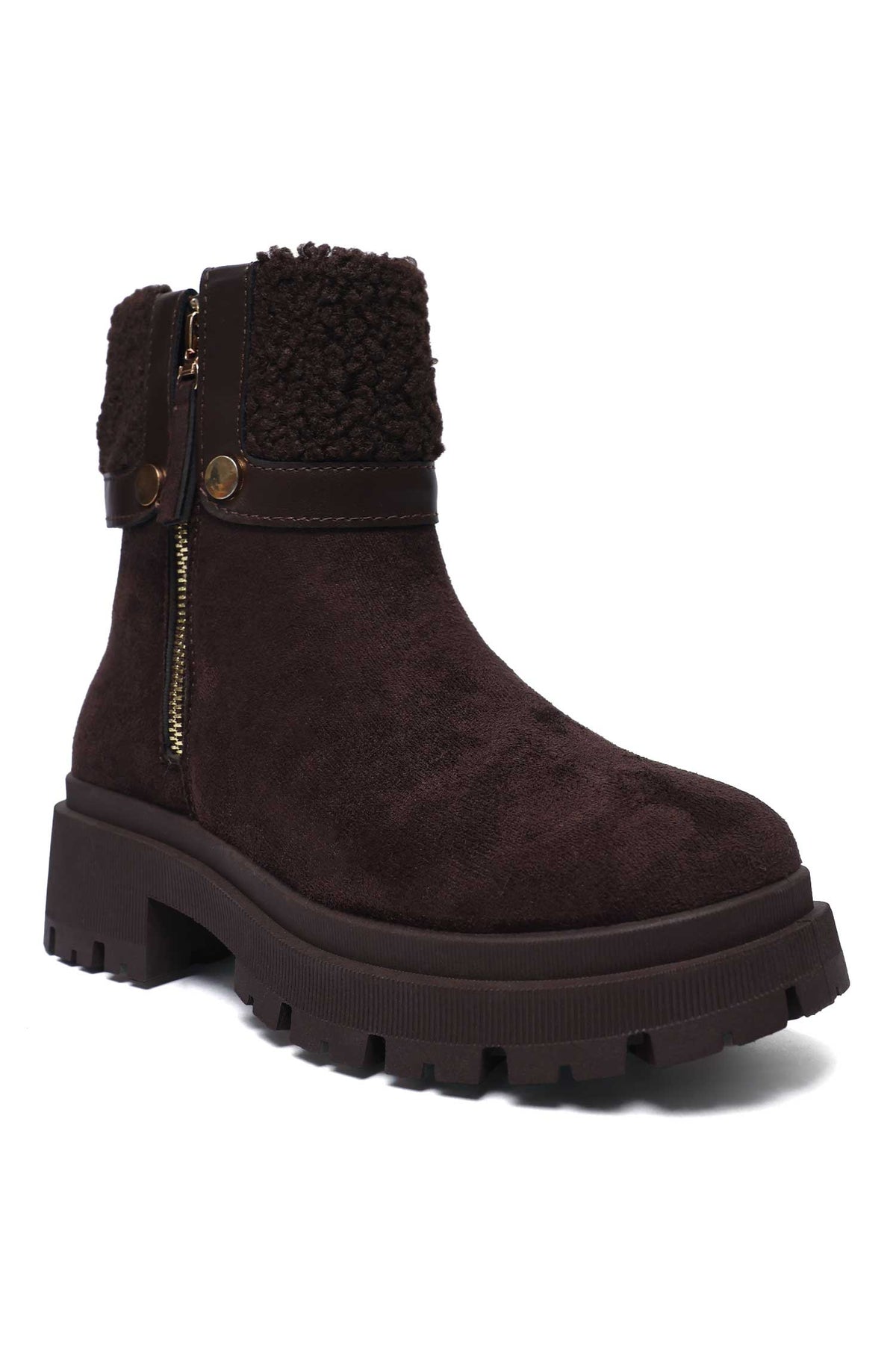 FUR CRUSH ANKLE ZIP BOOT-BROWN