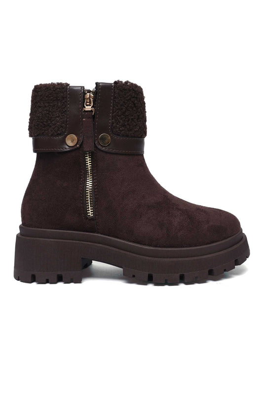 FUR CRUSH ANKLE ZIP BOOT-BROWN