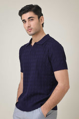 CREST KNIT POLO-BLUE