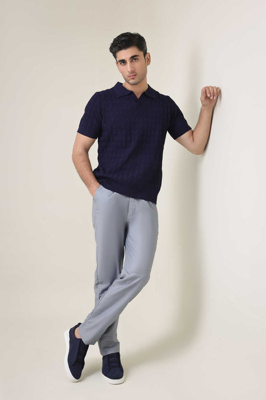 CREST KNIT POLO-BLUE