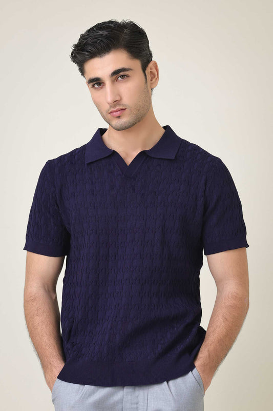 CREST KNIT POLO-BLUE