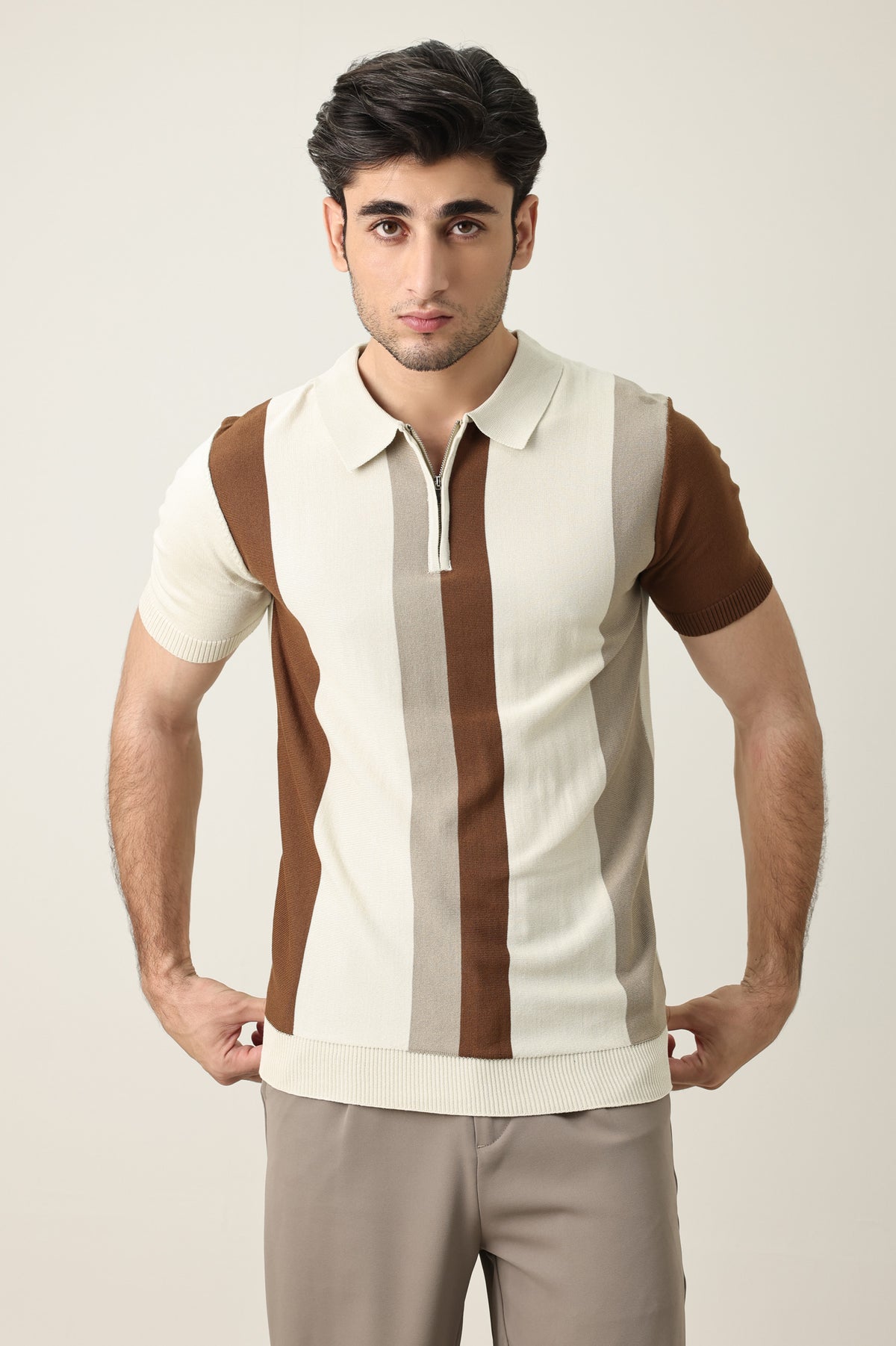 BLOCK STRIPE KNIT POLO-APRICOT