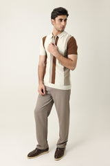 BLOCK STRIPE KNIT POLO-APRICOT