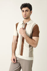 BLOCK STRIPE KNIT POLO-APRICOT