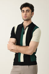 BLOCK STRIPE KNIT POLO-BLACK