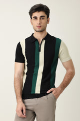 BLOCK STRIPE KNIT POLO-BLACK