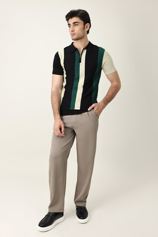 BLOCK STRIPE KNIT POLO-BLACK