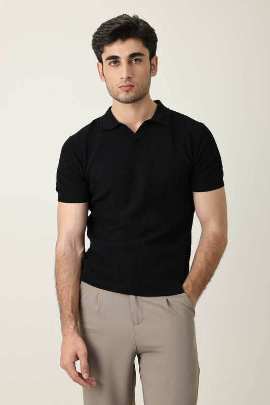 OPEN COLLAR POLO SHIRT-BLACK