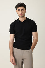 OPEN COLLAR POLO SHIRT-BLACK