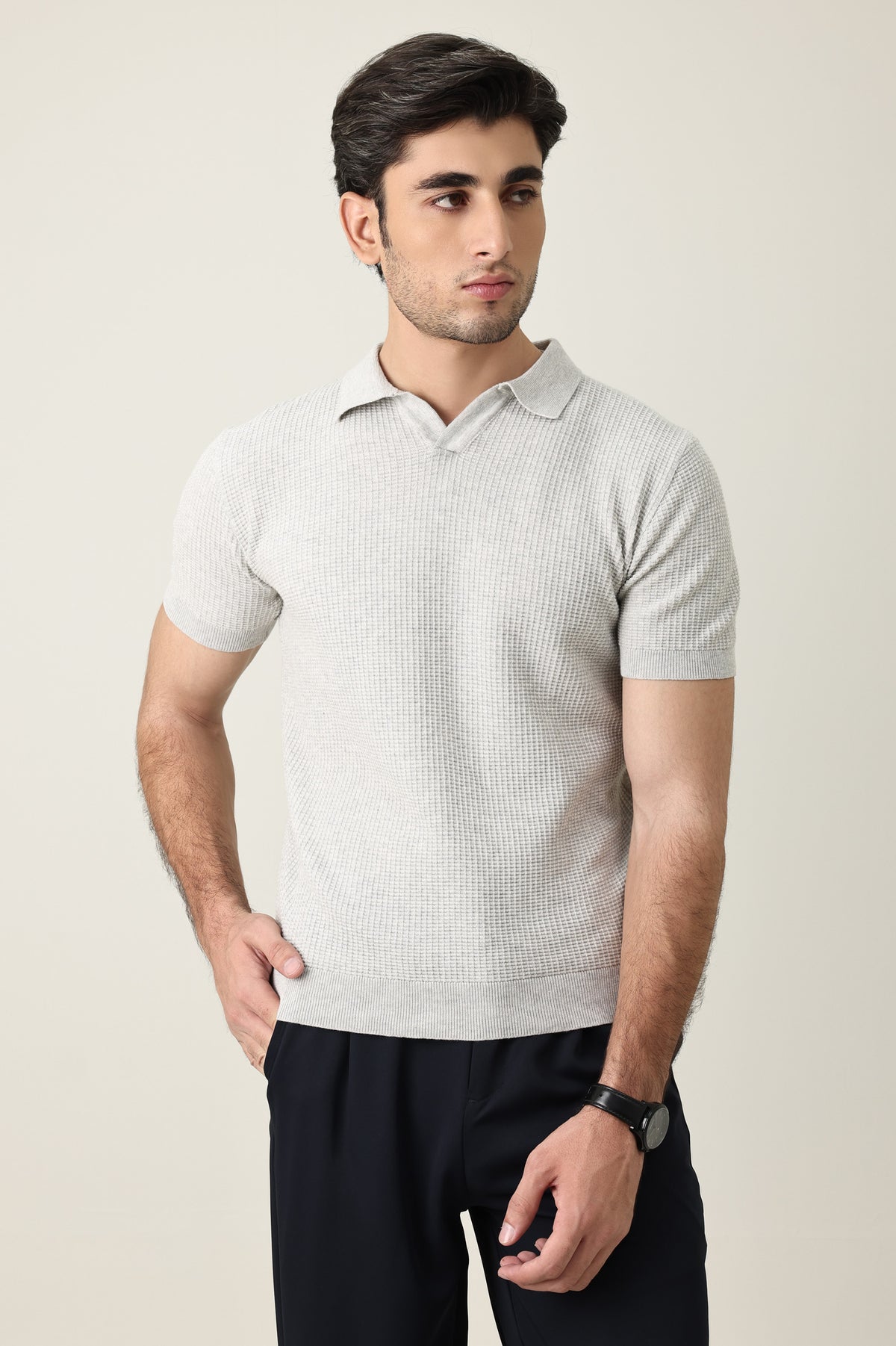 OPEN COLLAR POLO SHIRT-LT-GREY