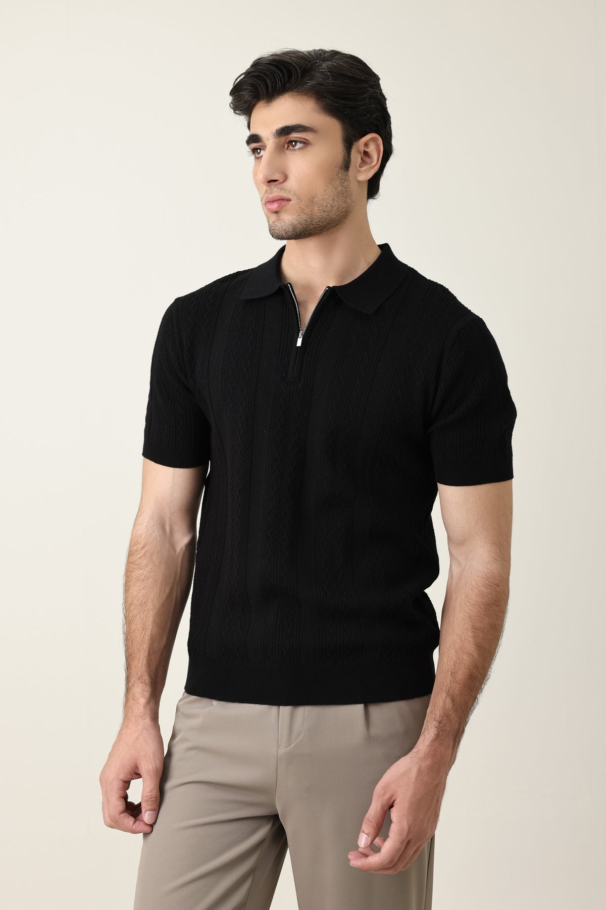 CONTEMPORARY TEXTURED KNIT POLO-BLACK
