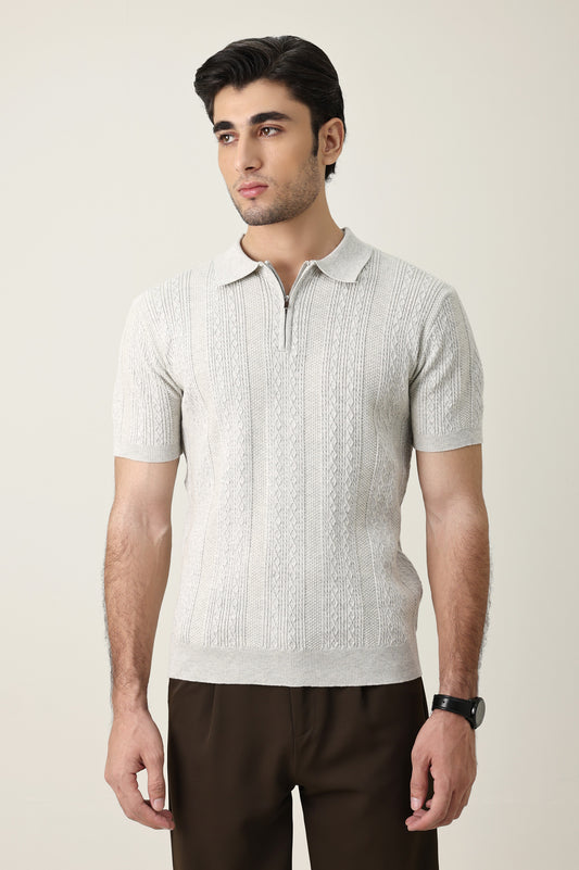 CONTEMPORARY TEXTURED KNIT POLO-GREY
