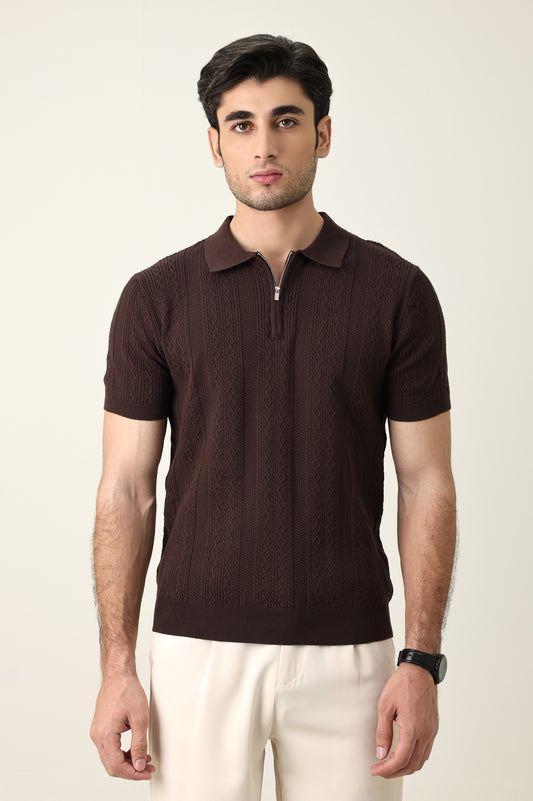 CONTEMPORARY TEXTURED KNIT POLO-COFFEE
