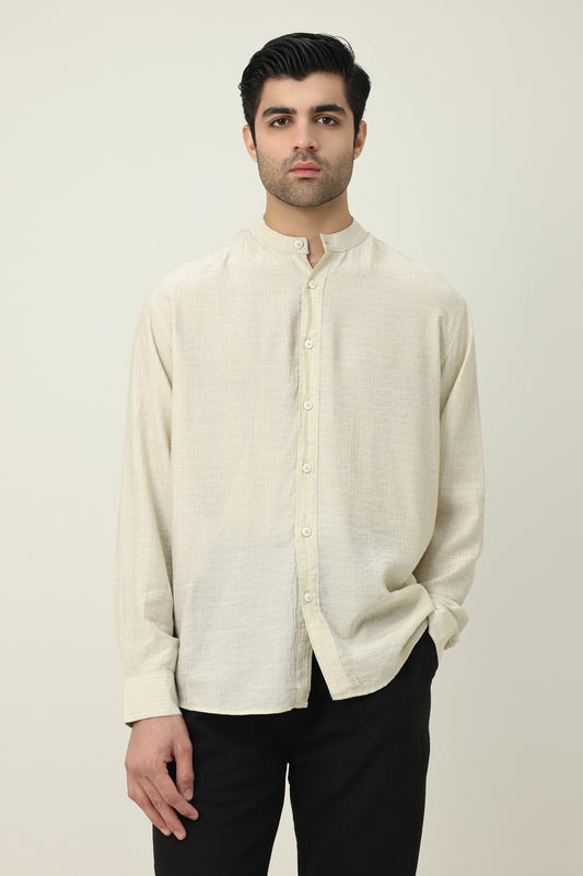 RAVELLO TEXTURED BAND COLLAR SHIRT-BEIGE