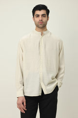 RAVELLO TEXTURED BAND COLLAR SHIRT-BEIGE